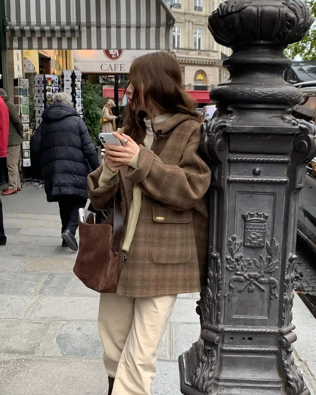 أزياء منقوشة مقنعين معطف الصوف المرأة شيك عكسها واحدة الصدر جيب كم كامل سترة فضفاضة سيدة Ommute معاطف الشارع