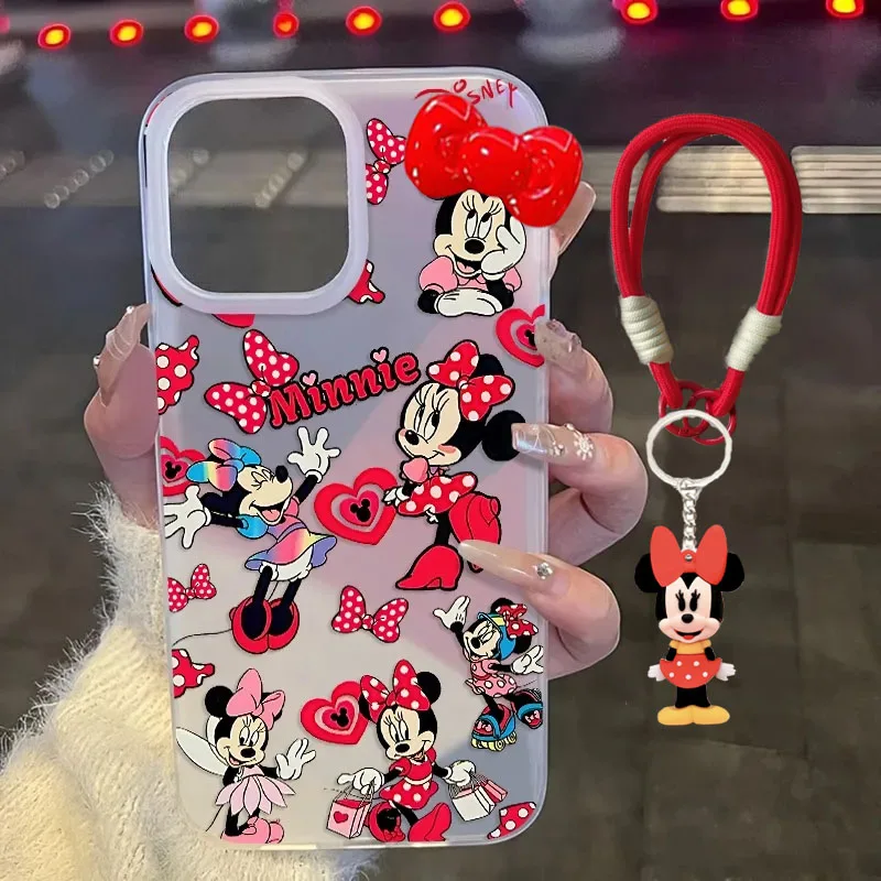 Full Screen Mickey Minnie Mouse Strap Phone Case For iPhone 16 15 14 13 12 11 PRO MAX XS MAX XR 7 8 Plus MINI Y2K Matte Cover