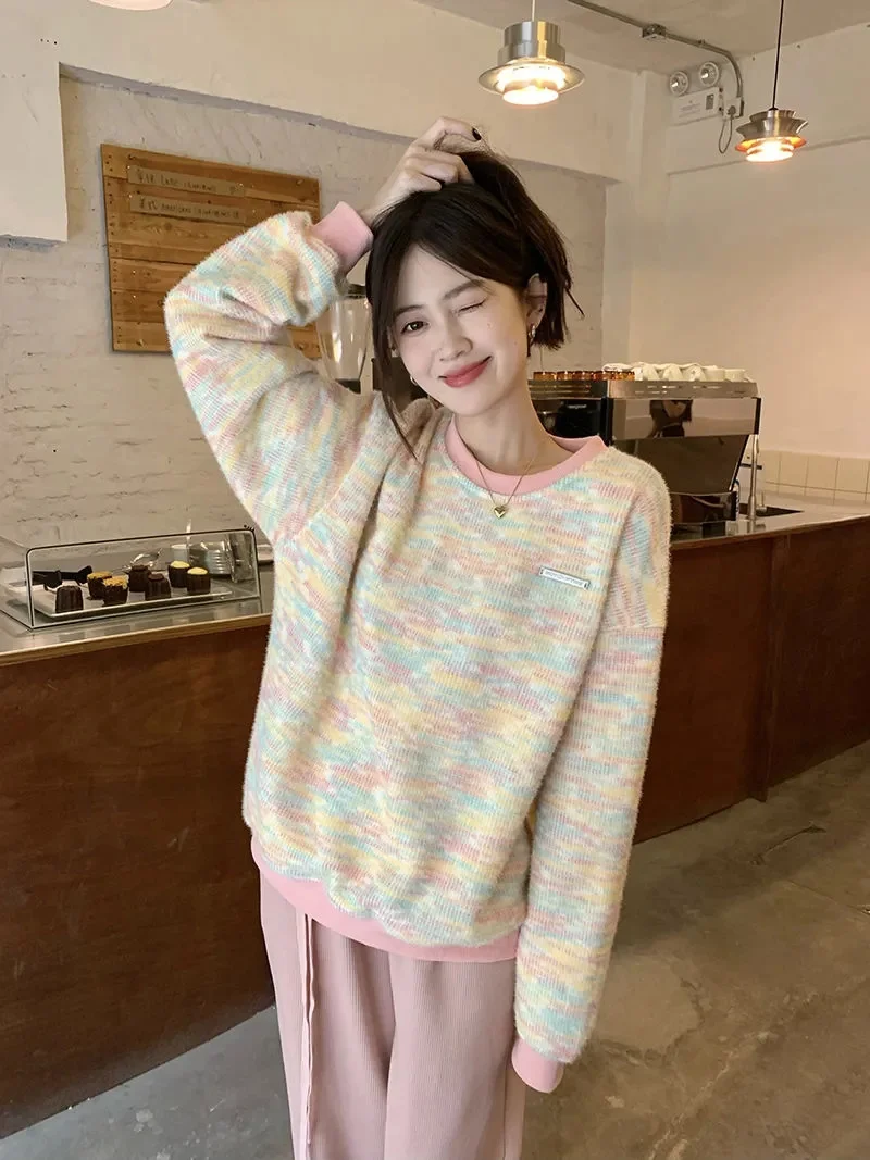 

Rainbow Contrast Round Neck Sweater for Women2023 New Loose and Lazy Style Pullover Early Autumn Long Sleeve Casual Top Fashio