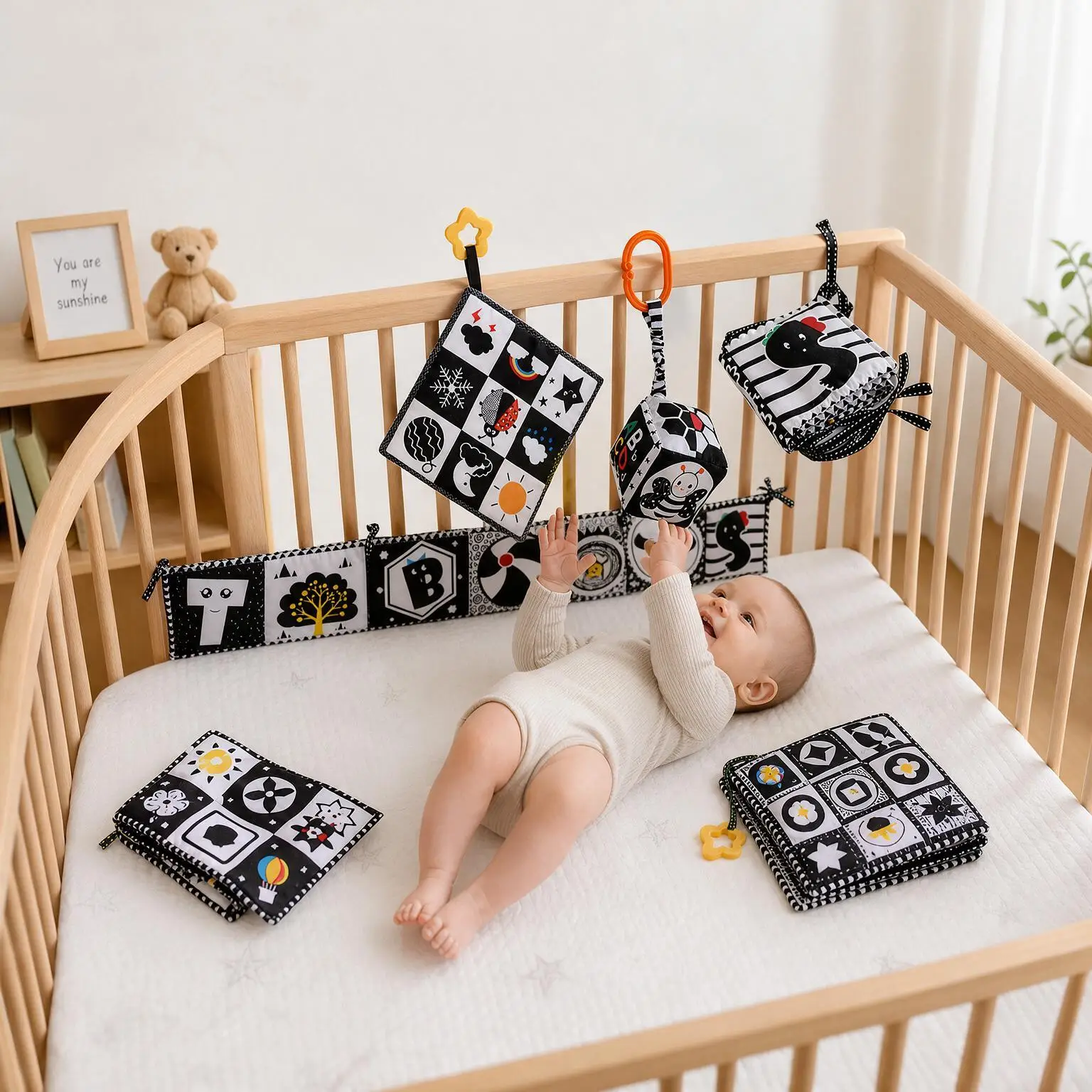 Newborn Crib Book Toys Sensory Cloth Book Square Towel Baby Soft Teether Stroller Hanging Ornament Toy Educational Montessori