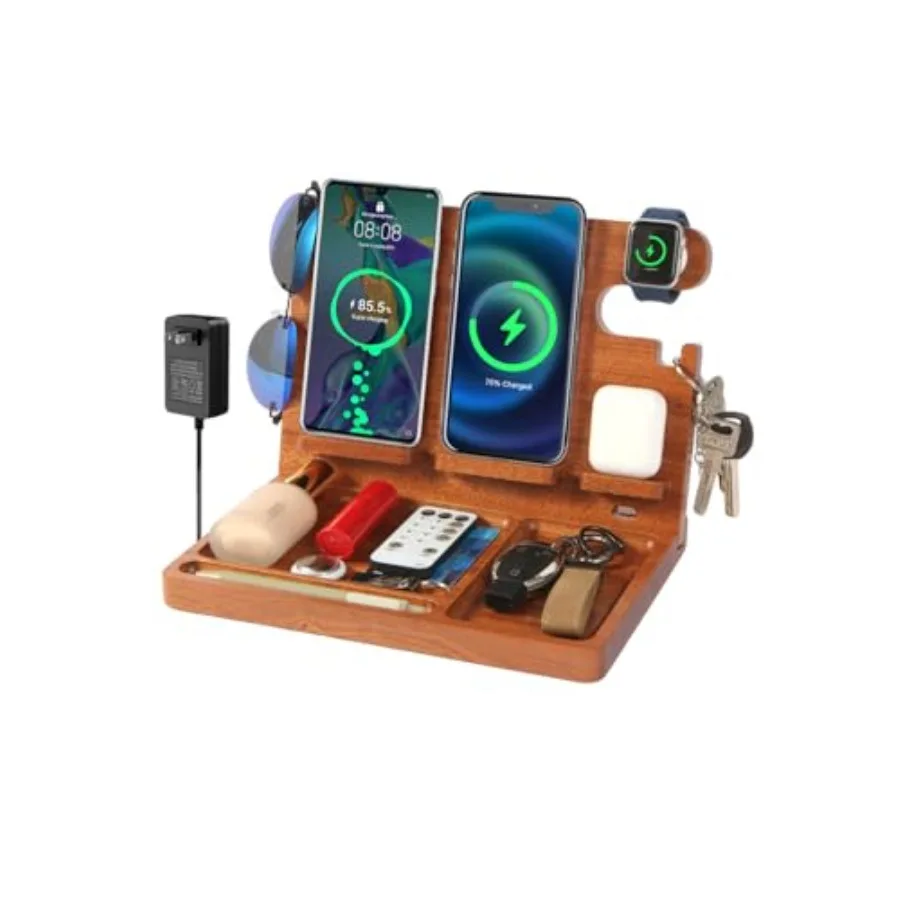 

Nightstand Organizer with 4 Wireless Charger for 2 iPhone/Android PhoneApple Watch Airpod Wood Phone Docking Station 27W Fast W