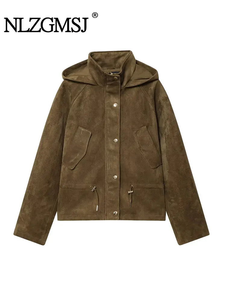 

NLZGMSJ женская осенняя куртка замшевая текстура пальто с капюшоном и длинными рукавами куртки для женщин повседневная новая верхняя одежда с длинными рукавами ﻿