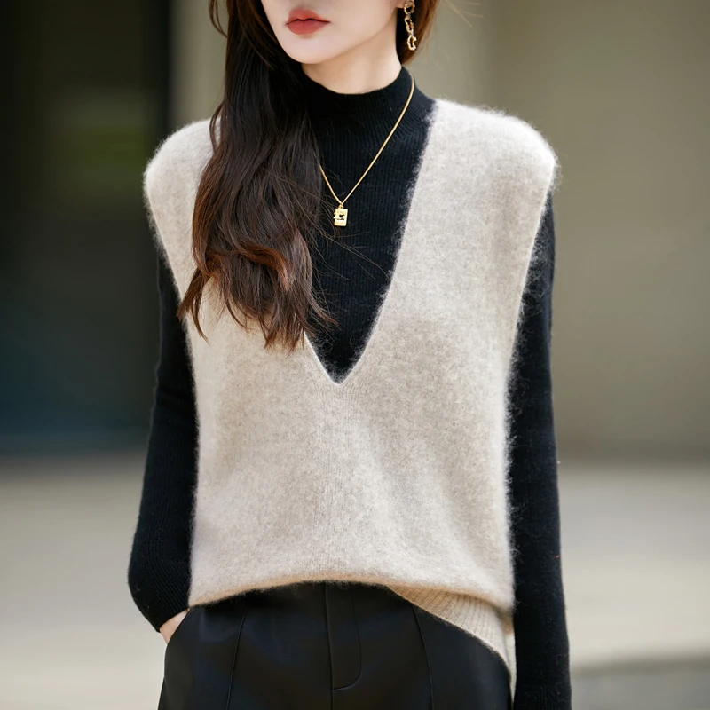

Модная женская одежда 2025 года, жилет из 100% мериносовой шерсти с v-образным вырезом и ворсом, весна и осень, женский вязаный топ без рукавов