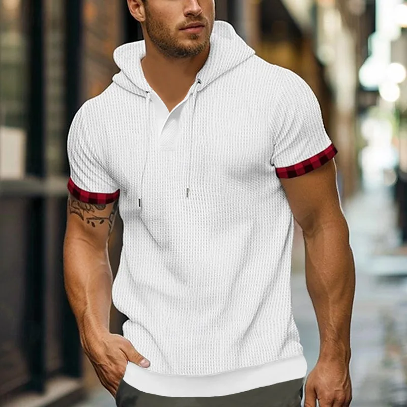 2024 Summer New Men's Pullovers Hooded Drawstring Screw Thread Fashion Casual All-match Slim Spliced Short Sleeve T-shirt Tops