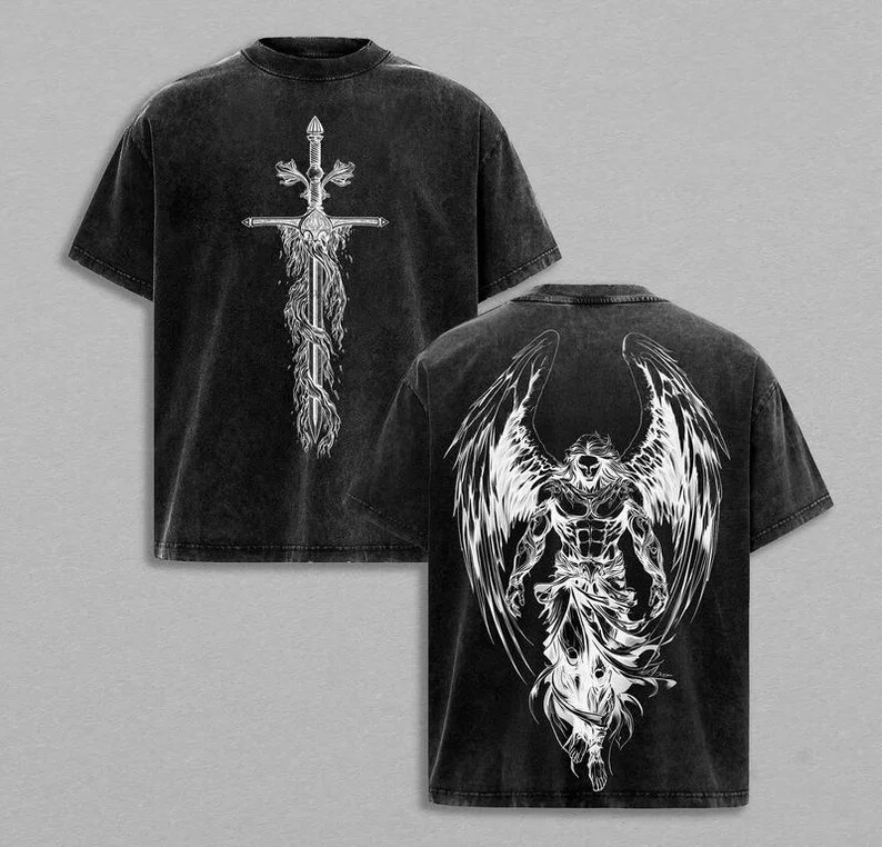 Wash St Michael Archangel T-shirt: Christian T-shirt with Sword Personality Street High Quality Print Art Aesthetic Tops