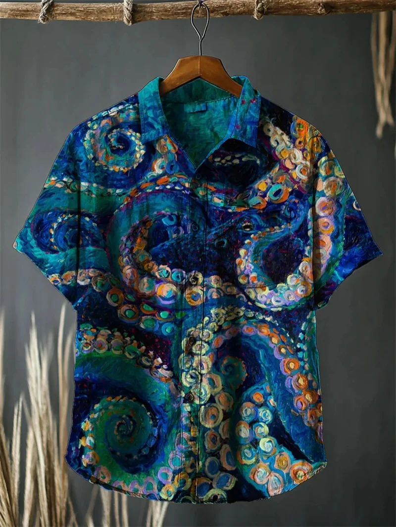 クラゲ柄の3Dプリントメンズリネン半袖シャツ、カジュアルなルーズフィットの半袖ボタンアップシャツトップ