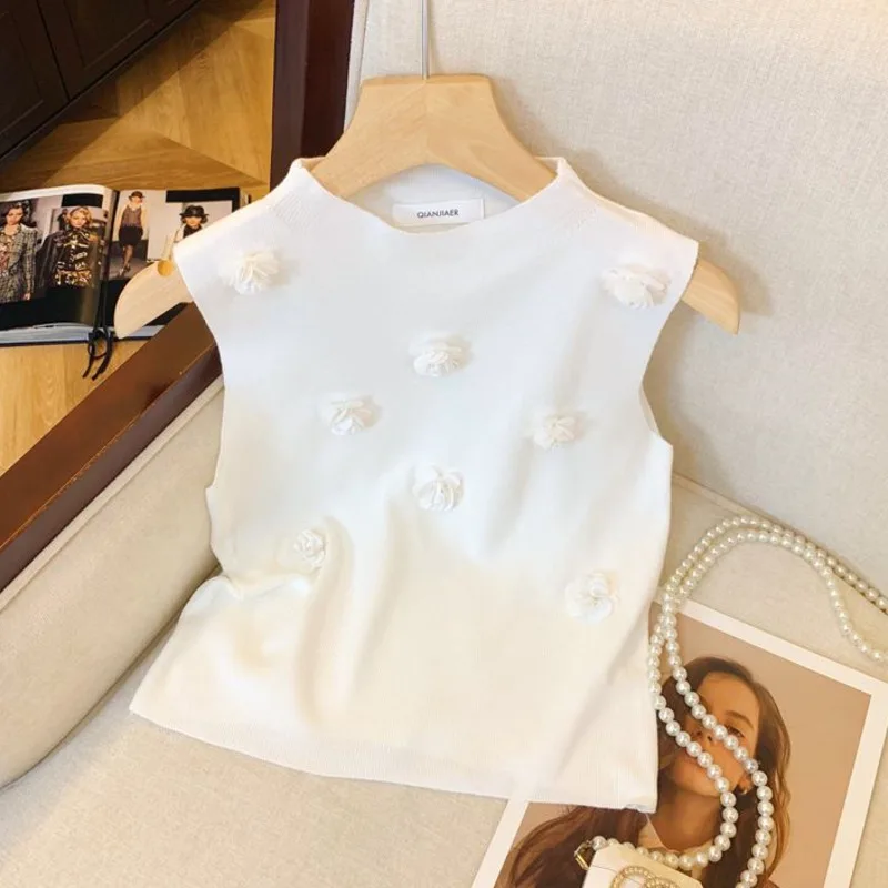 2024 Summer 3D Florals Sleeveless Sweater Knitted Vest Women Streetwear Camisole Chic Tank Tops Female Crop Top Jumper Pullovers