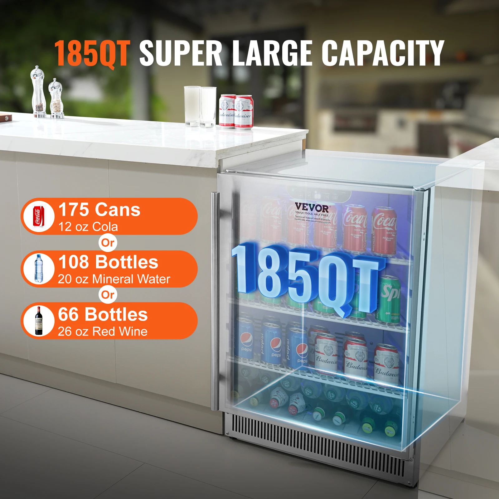 VEVOR 24 in Indoor/Outdoor Beverage Refrigerator 185QT Undercounter or Freestanding Beverage Fridge 175Cans Built-in Beer Fridge