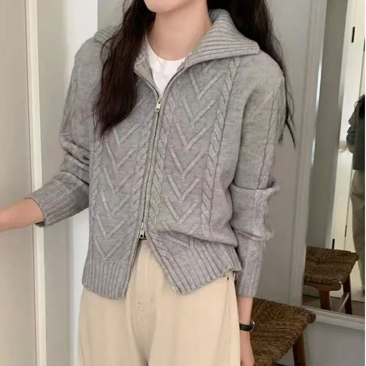 

Women's Knitted Sweater Coat Zipper Collar Twist Vintage Soft ort Top Korean Sle Autumn Winter New Arrival ay Color