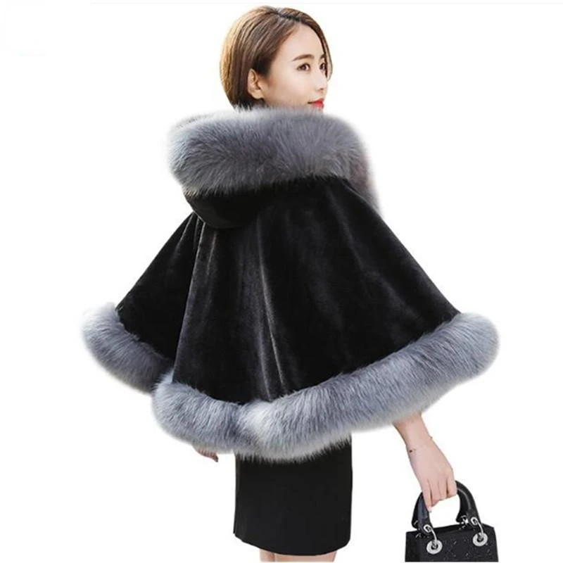 Women Imitation Cape Shawl Coat with Cap Short Poncho Cloak Parka Hooded Winter Collection Faux Fur Coat Women Fluffy Jacket