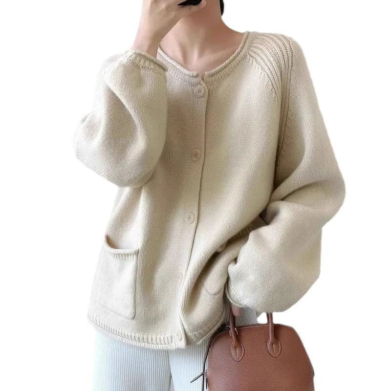 Blue Knitted Cardigan Sweater Coat Women\'s Autumn New Soft Glutinous Knitwear Jackets Chic Double Pocket O-neck Knitted Coat