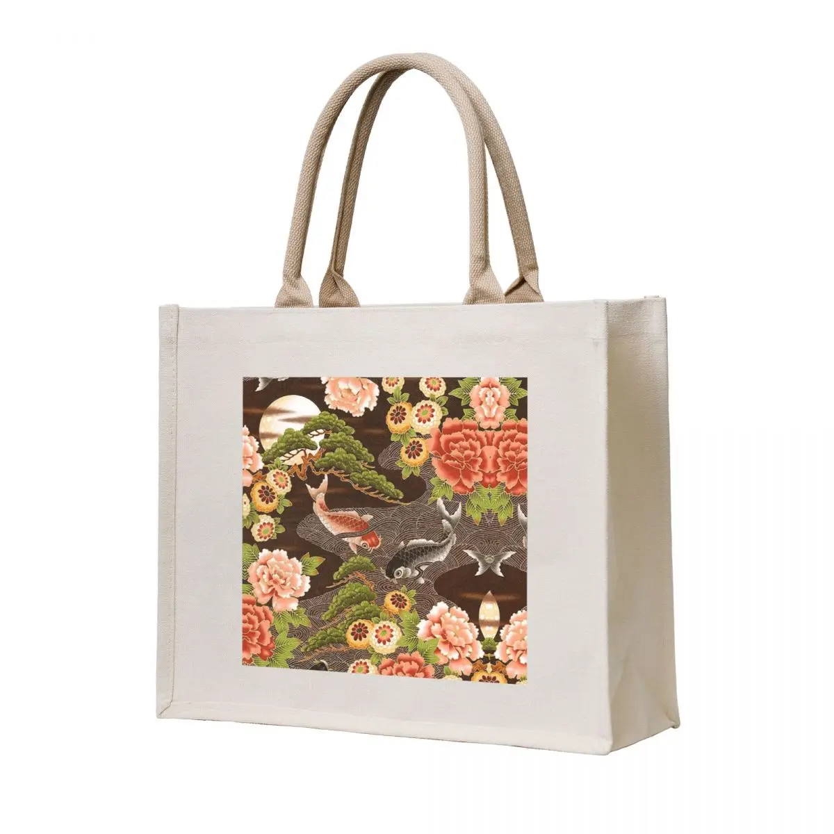 

RED GREY CATFISHES IN MOONLIGHT Kimono Style Antique Japanese Floral Tote Bag supermarket folding bag shopping bag