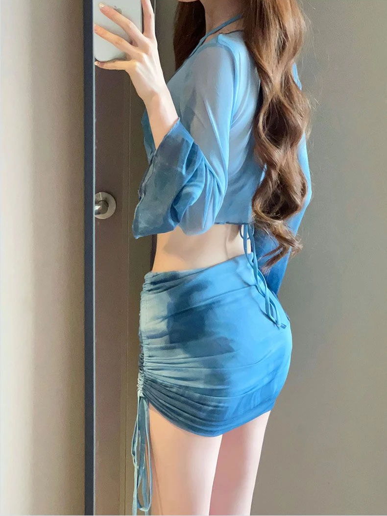 

Bathing Suit 4 Pieces Conservative Bikini Sets Flare Sleeve Sun-proofed V-neck Fairycore Beach Vacation Attractive Beautiful Ins