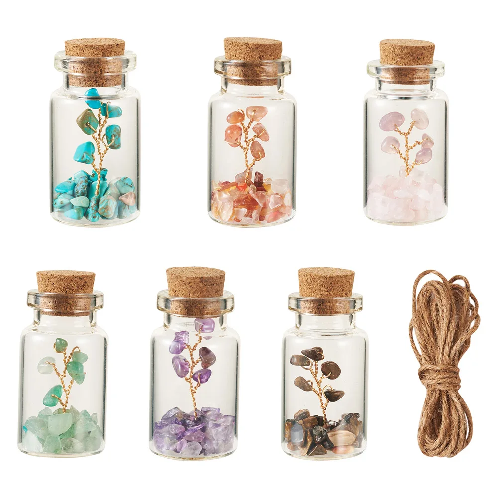 12Pcs Glass Wishing Bottle Tree Shape Mix Synthetic & Natural Gemstone Bead Chip Clear Vials Wicca Stone Jewelry Making Supplies