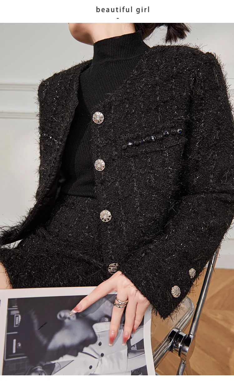 Women 2024 New Explosive Black Round Neck Coarse Flower Feather Coat Light Luxury Jacket