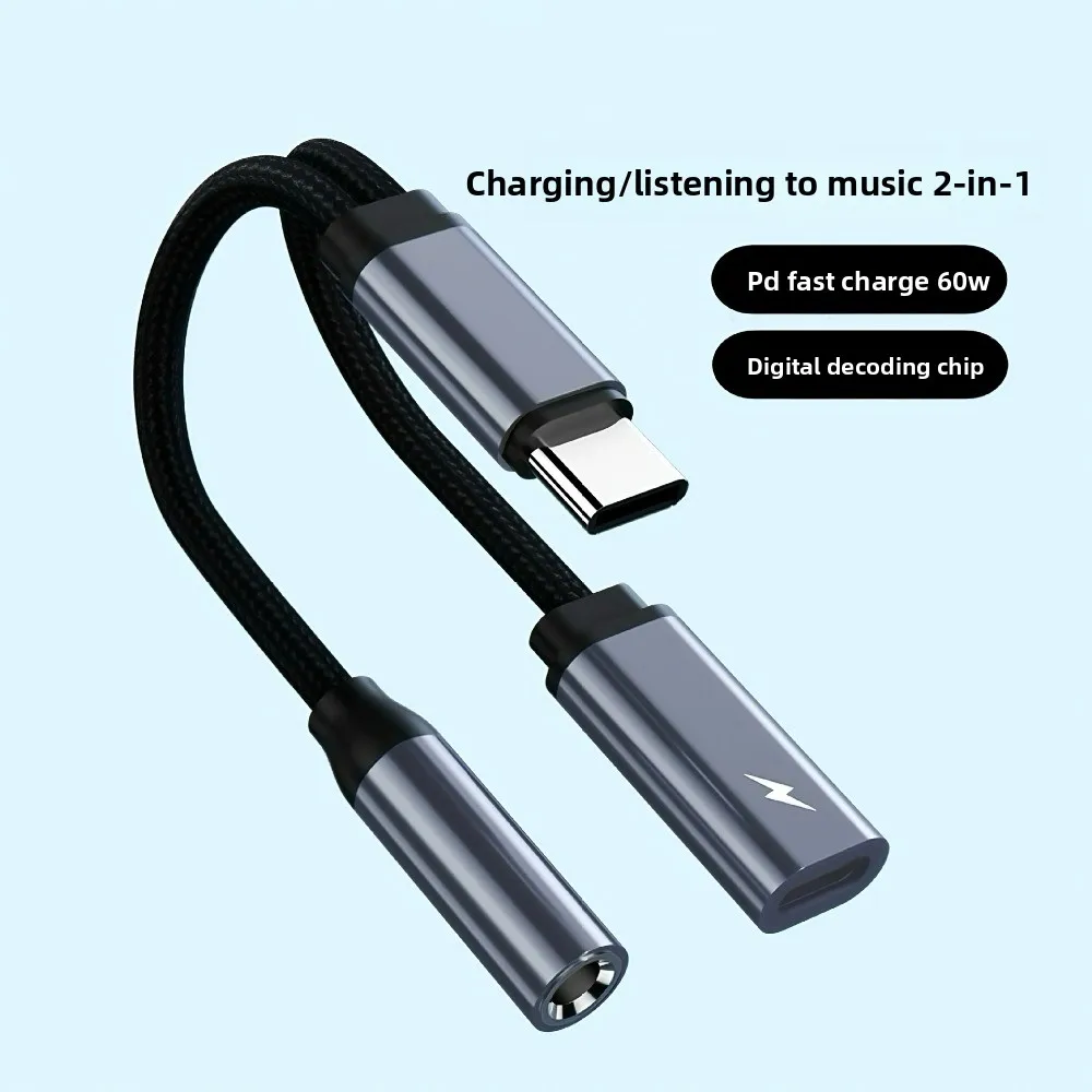 

PD 60W USB C To 3.5mm Adapter Multi-Function Universal 2 in 1 USB C Splitter Dual Type High-Speed Type-C To AUX Adapter