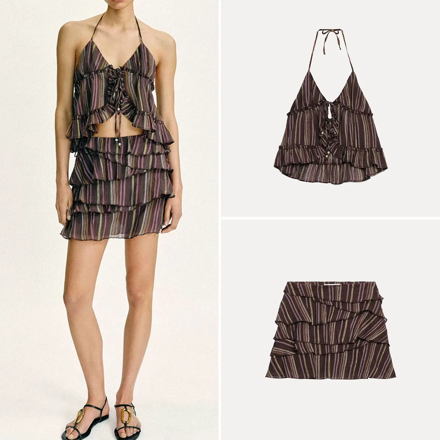 Conjunto de dos piezas para mujer: Top sin mangas con cuello en V y falda a rayas, color metalizado, atuendo de moda de verano, conjunto de dos piezas sin costuras.