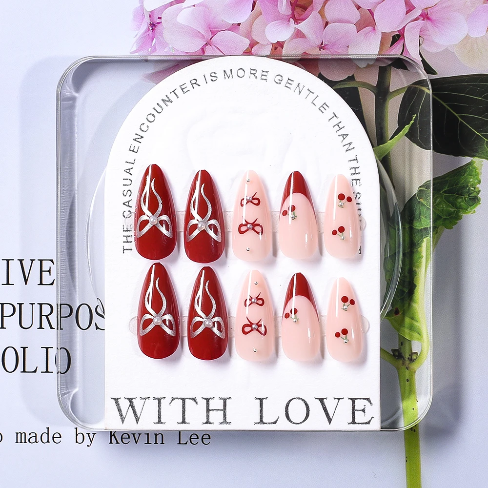 24pcs Red French Tip Press On Nails with Cherry & Bowknot Design Glossy Medium Almond Fake Nails Sweet Cool False Nails Manicure