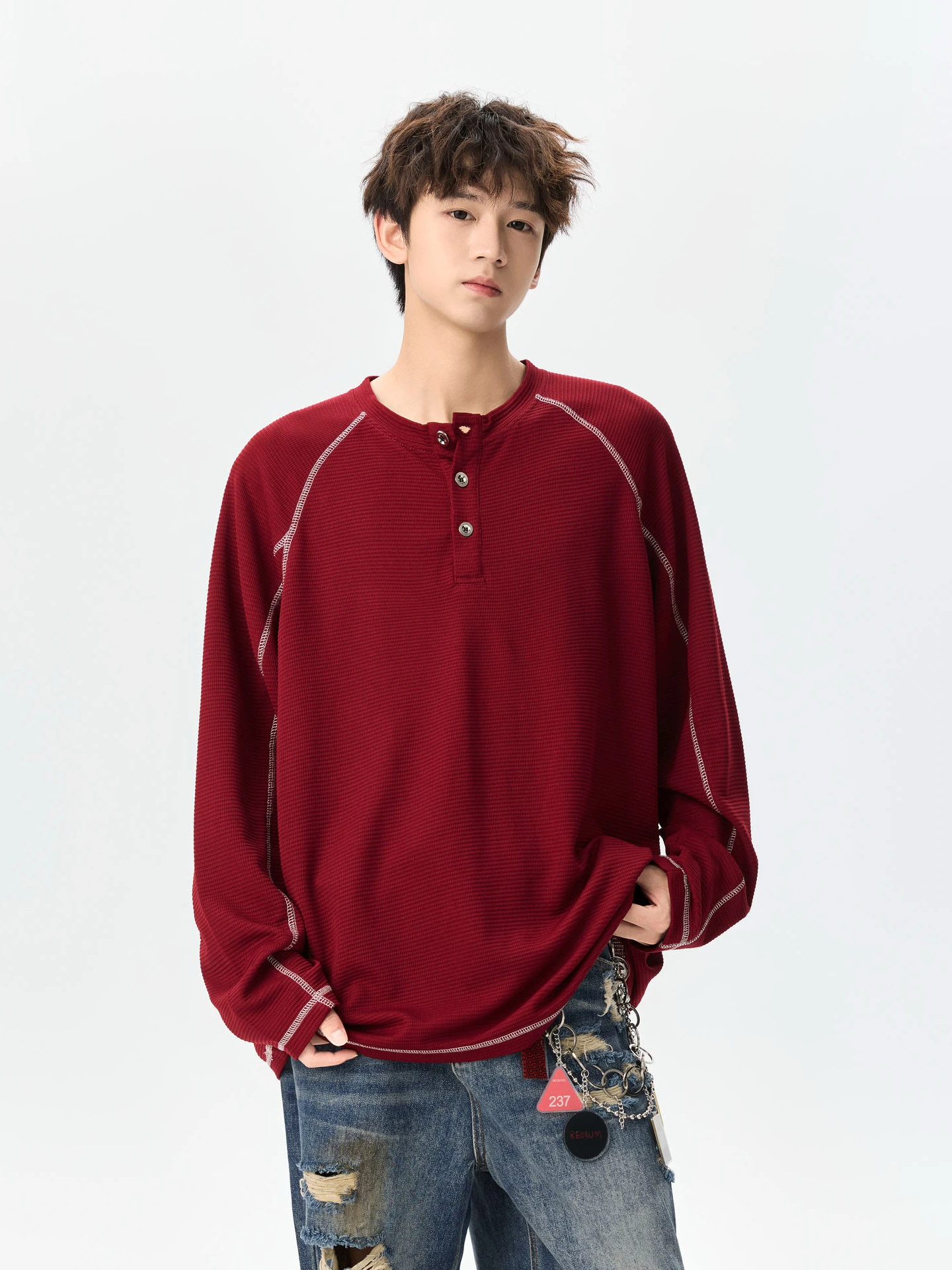 

Футболка с длинными рукавами и воротником Генри в стиле ретро, мужская и женская осенняя свободная пара, универсальный повседневный топ