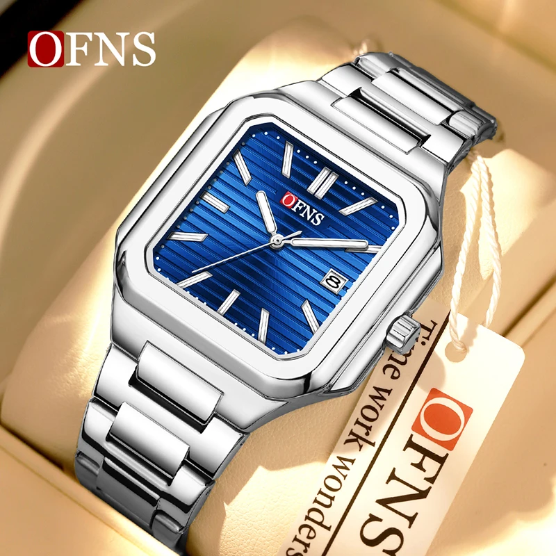 

OFNS1650 square steel strip quartz wristwatch for men's business, leisure, sports, anti fall, luminous calendar, waterproof