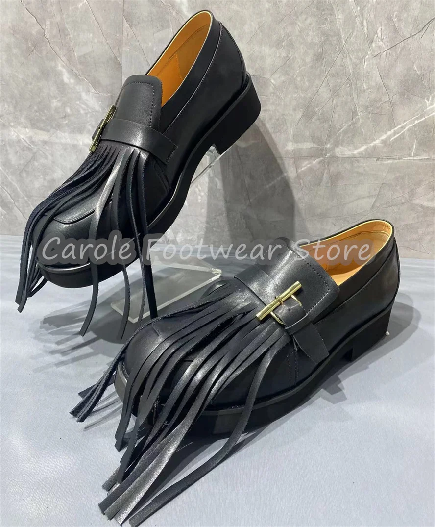 Male Round Toe Chunky Heel Tassels Decor Trendy Loafers Black Genuine Leather Metal Belt Buckle Mules Large Size Oxfords 40-50