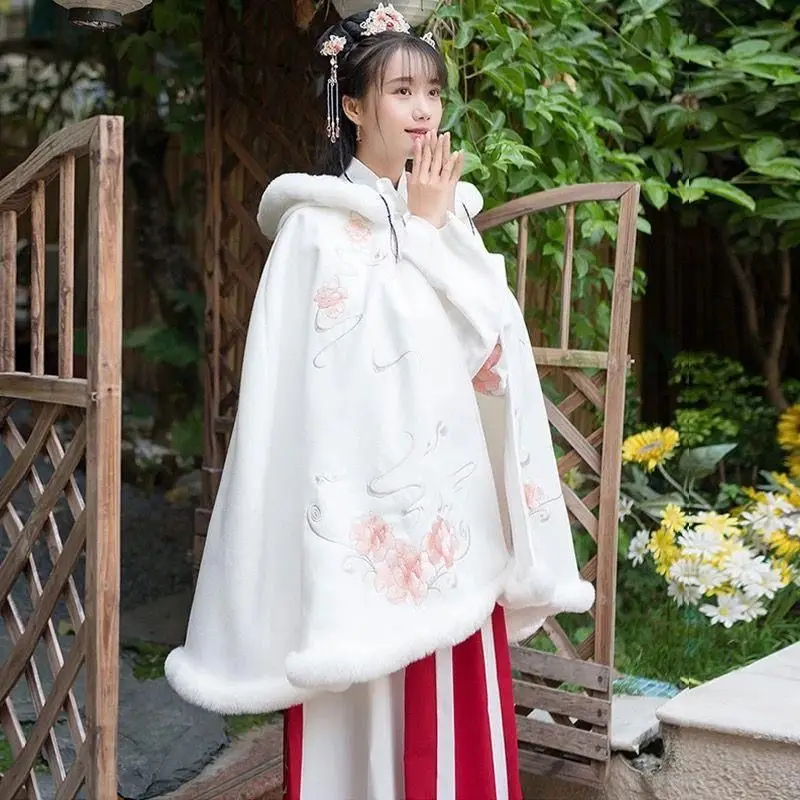 

Women's Hooded Cloak Chinese Short Cape With Furry Collar Hat
