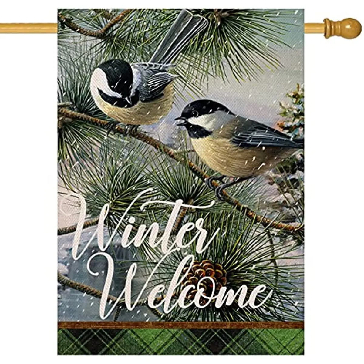 

Home Decorative Winter Welcome Chickadee Birds House Flag, Garden Yard Tree Branches Pinecone Buffalo Plaid Check Outside