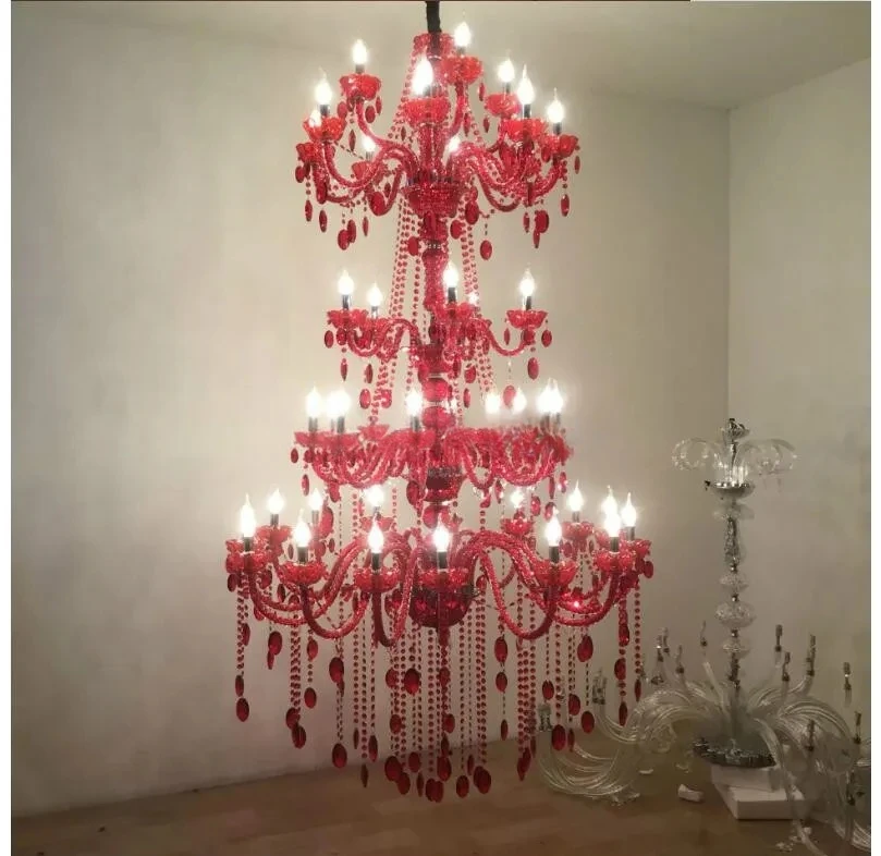 Morden 5 Layers 42 Arms Large Red Crystal Chandelier Stair Long Crystal Chandelier Lighting Restaurant Hotel Hall Villa Lighting