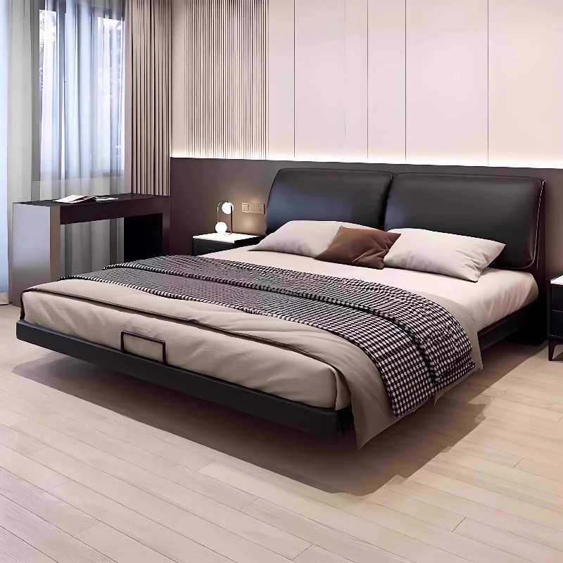 Modern Levitation Genuine Leather With Lamp Double Bed 2 People Full Size Bed Frame 150x200 180x200 Cm Beds Bedroom Furniture