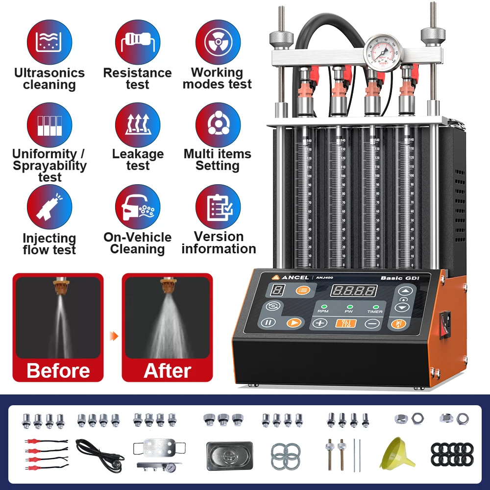 

ANCEL ANJ400 GDI 4-цилиндровая машина для очистки автомобильных топливных форсунок EFI FEI бензиновые форсунки для проверки ультразвуковой очистки