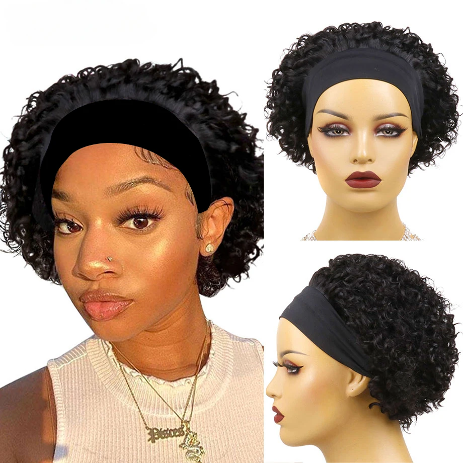 

Headband Wig Human Hair Wigs for Women Short Curly Bob Half Wig Natural Black 6 Inch Full Machine Made Wig