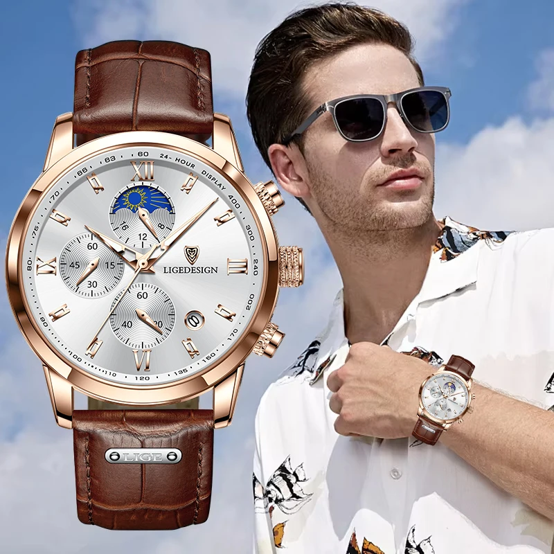 

LIGE Luxury Man Watches Business Leather Men Quartz Watch Waterproof Luminous Men's Wristwatch Auto Date Chronograph Male Clock