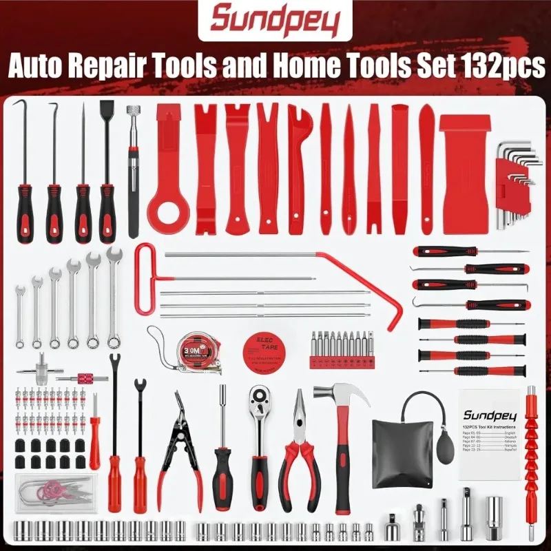 Sundpey 132-PCs Car Tool Kit - Portable General Basic Home and Automotive Repair Tool Set with Drawer for Men Women with Hook &