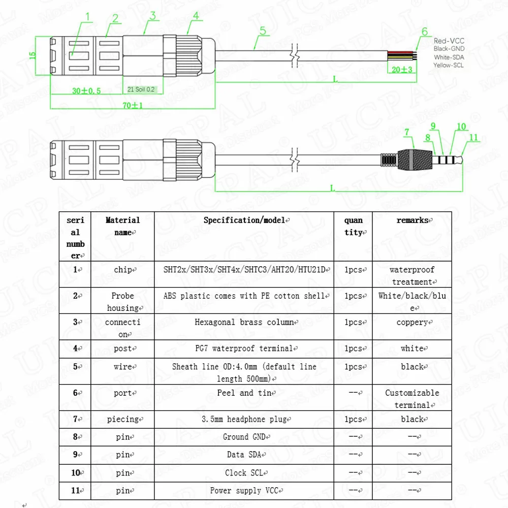 Temperature Humidity Sensor Module Probe Cable Waterproof Digital Capacitance Sensors 1M I2C Output SHT40 SHT30 SHT20 SHTC3