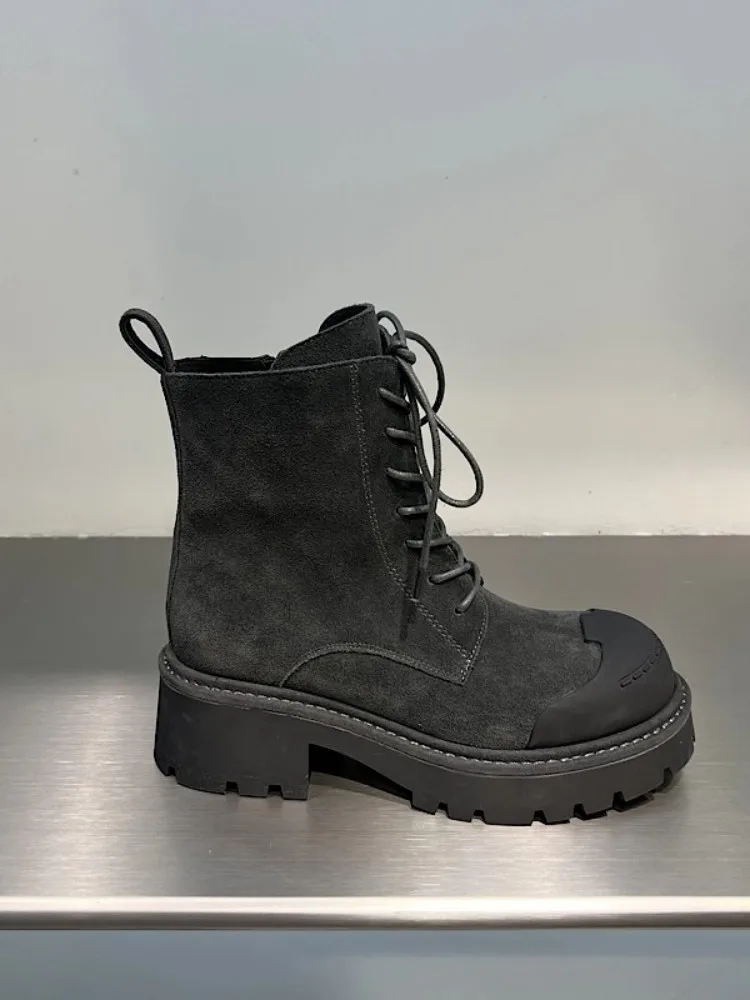 New Autumn British Style Women Ankle Boots Cow Suede Round Toe Lace-Up Footwear Thick Heel Side Zipper High Top Shoes Hot Sale