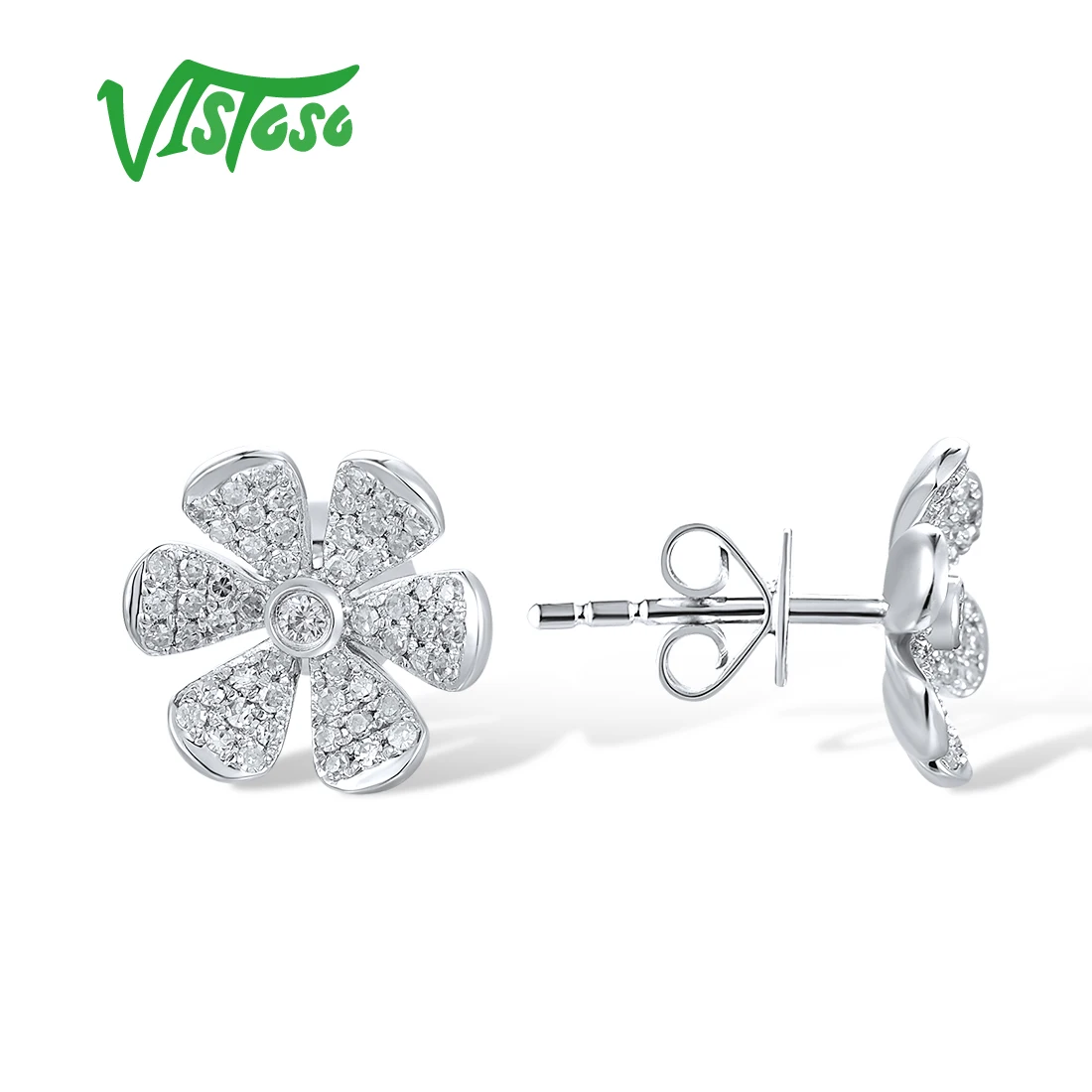 VISTOSO Authentic 14K 585 White Gold Stud Earrings For Women Sparkling Diamonds Fancy Flower Daily Wearing Elegant Fine Jewelry