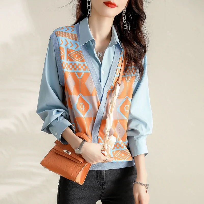 

Новая весенне-осенняя двухсекционная рубашка с лацканами, женская модная вязаная жилетка с длинными рукавами и принтом, топ