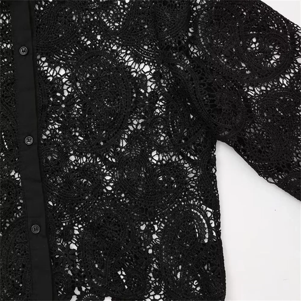 Pop 2025 Autumn New European And American Style Design Sense Perspective Hollow Crochet Long Sleeved Lapel Shirt Top