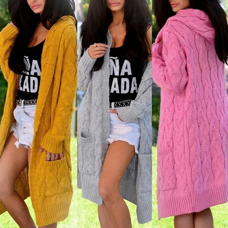 Long Hooded Cardigan Solid Color Long Sleeve Cable-knit Jacket Fall/Winter 2023 New Women\'s Sweater