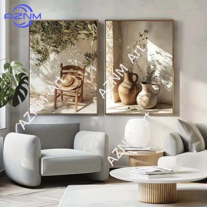1PC/2PCS Vintage Tree Straw Chair Canvas Poster Vase Mediter