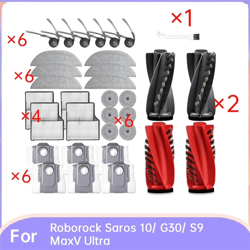 

33 Pcs For Roborock Saros 10/ G30/ S9 Maxv Ultra Robot Vacuum Roller Side Brush HEPA Filter Mop Pad Dust Bag