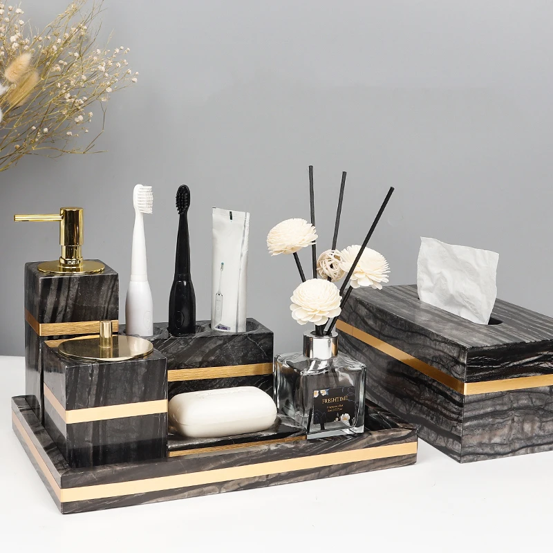 Tree Black Natural Marble Bathroom Accessories Set Luxury Gold Soap Dispenser Toothbrush Holder Soap Dish Bathroom Set