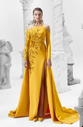 Gorgeous Evening Dress Formal Occasion Dresses A-line Strapless Long Sleeves High Side Split Applicant Court Gown Prom Dress