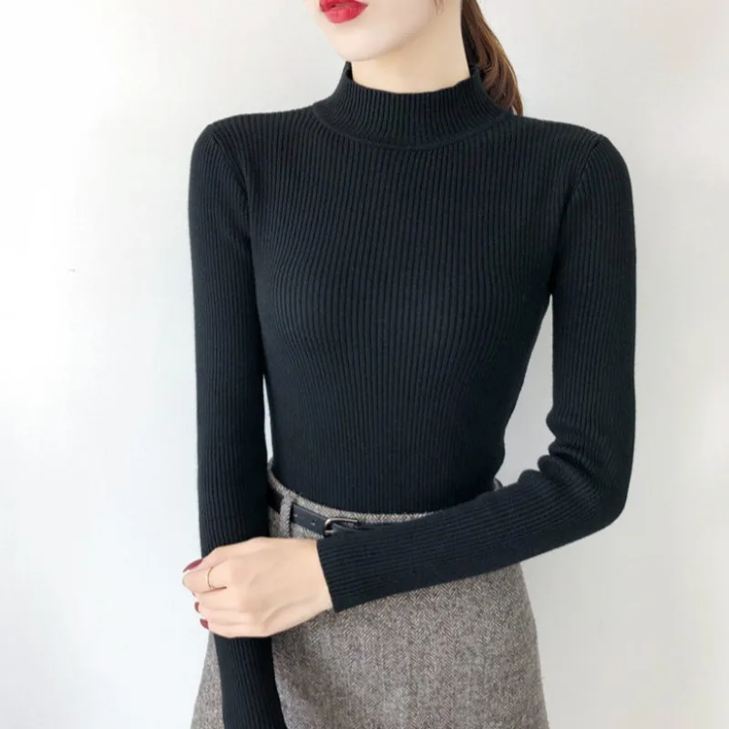 Herfst Winter Mock Hals Vrouwen Trui Vintage Basic Effen Gebreide Tops Casual Slanke Trui Koreaanse Truien Eenvoudige Chique Jumpers