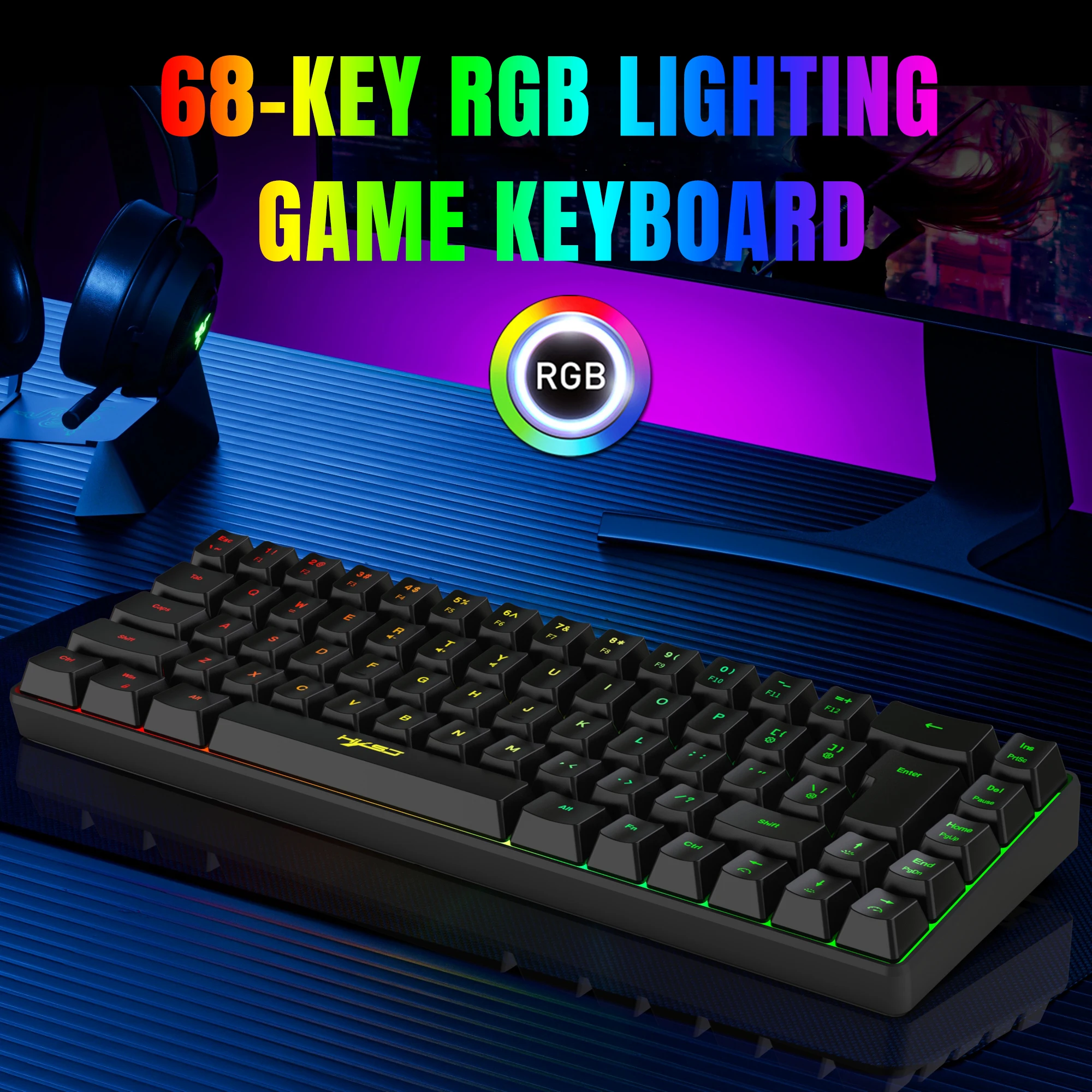 Portable RK 68-key gaming keyboard mini RGB lighting wired keyboard ergonomic design compact 60% membrane keyboards for laptop