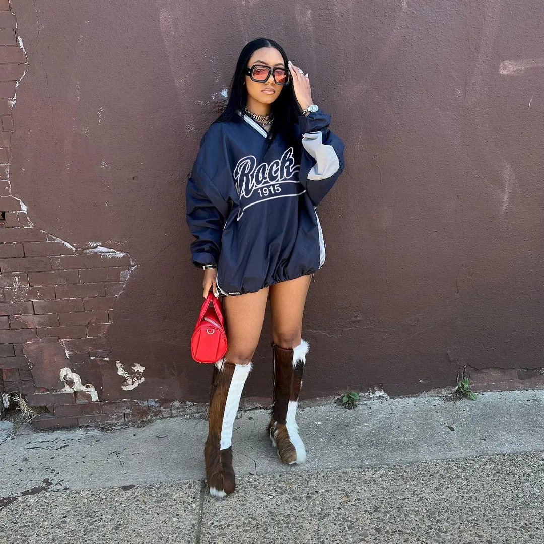 Letter Printed Extra Large Sweatshirt Women's Casual V-neck Long Sleeve Drawstring Loose Top 2025 Spring Harajuku Streetwear