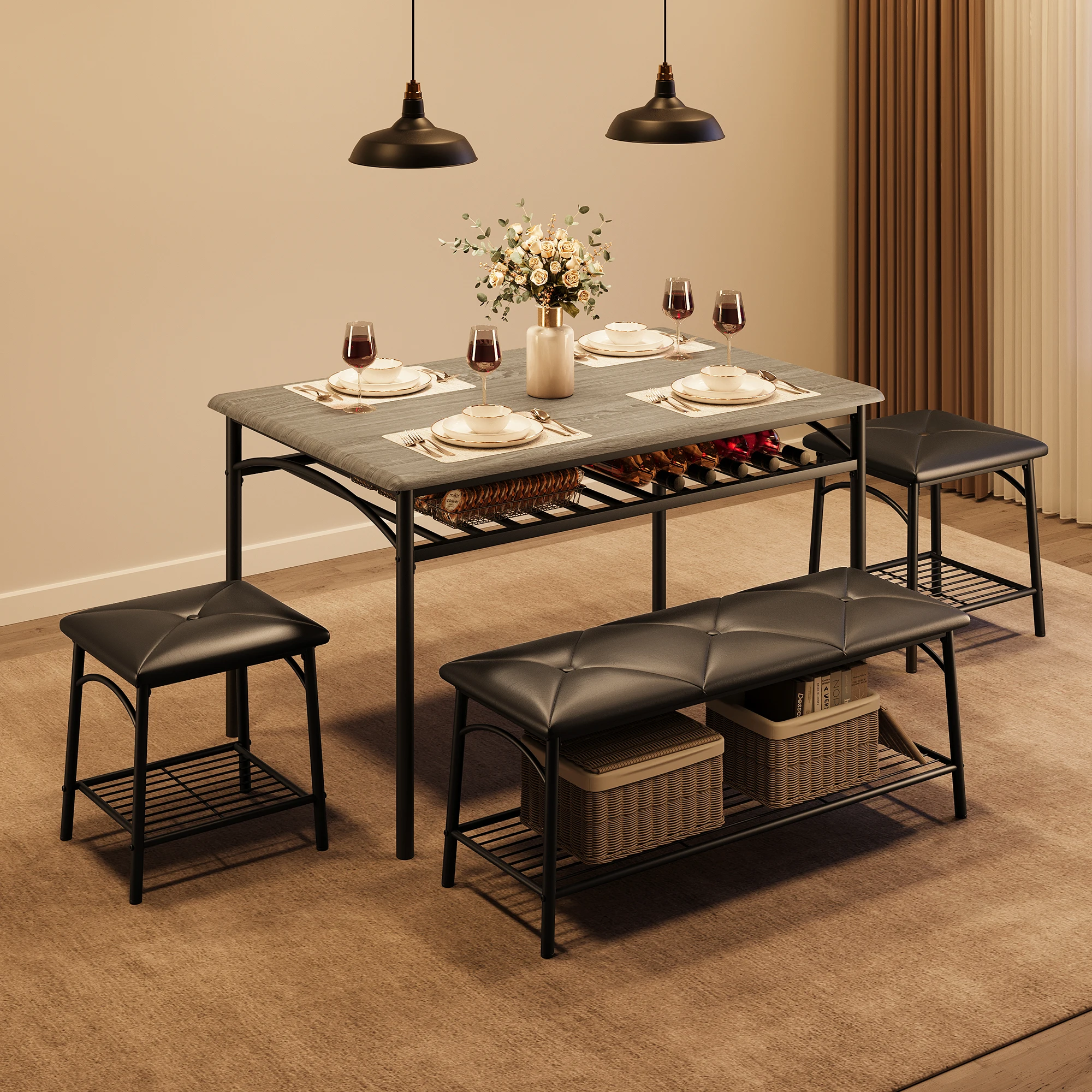 Iron+MDF Diamond Grid Storage 1 Table 3 Chairs Suitable for Outdoor and Indoor Use