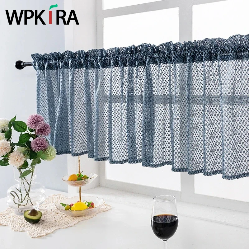 Modern Diamond Mesh Hollow Out Tulle Kitchen Short Sheer Blue Curtains Special Rod Pocket Living Room Door Window Balcony Drapes