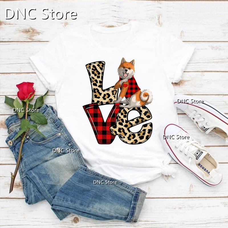 

Dog Love Heartbeat Leopard Print T Shirt Collie Poodle Doberman Akita Tshirt Women Clothes Female Clothing Short Sleeve Tees Top