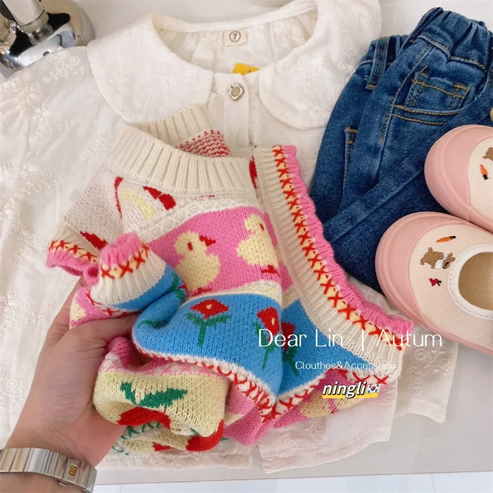 Girls Vest Korean Version Girls 2024 New Baby Girls Cute Sweater Vest Stylish Autumn Korean Sweet Style Clothes Top Fashion